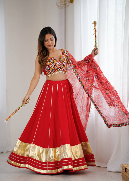 Admiring Orange Color Rayon Lagdi Patta Lehenga Choli For Navratri