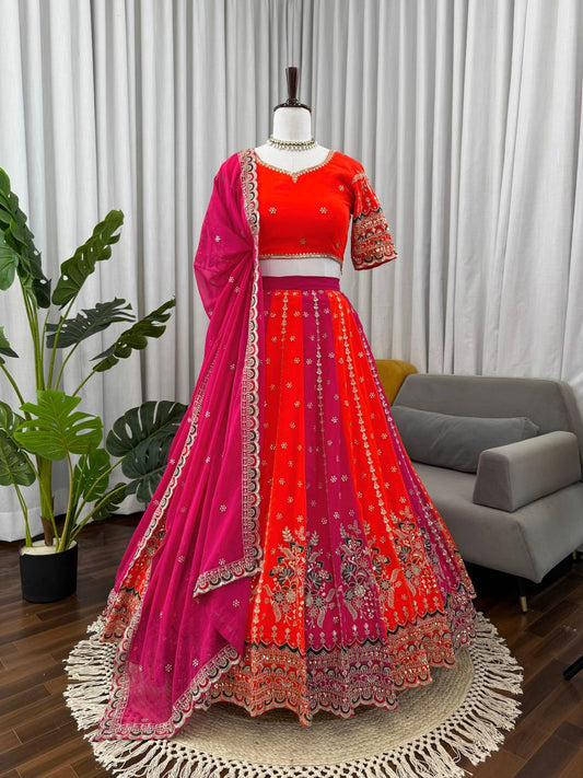 Trendy Orange Color Sequence Work Georgette Lehenga Choli