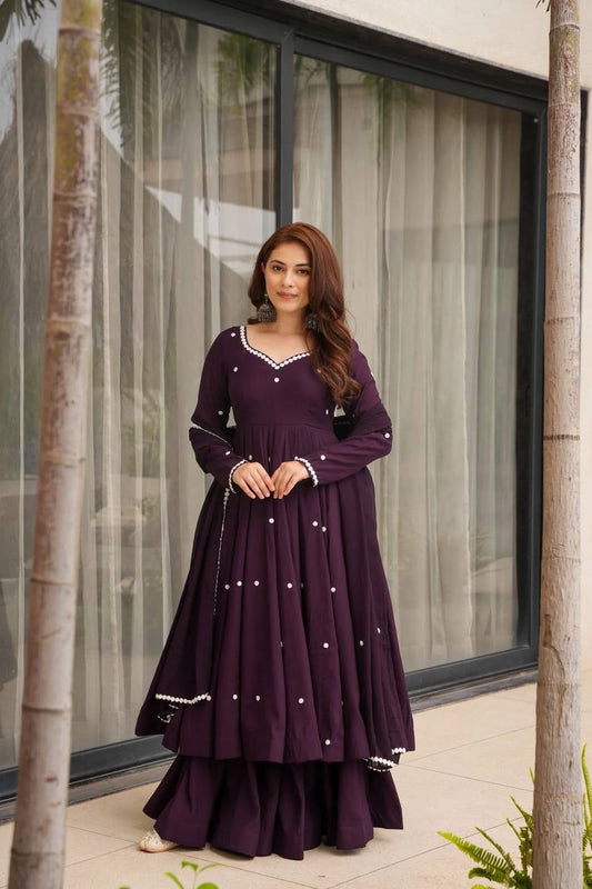 Stylish Purple Embroidery Work Georgette Gown With Sharara