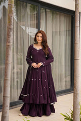 Stylish Purple Embroidery Work Georgette Gown With Sharara