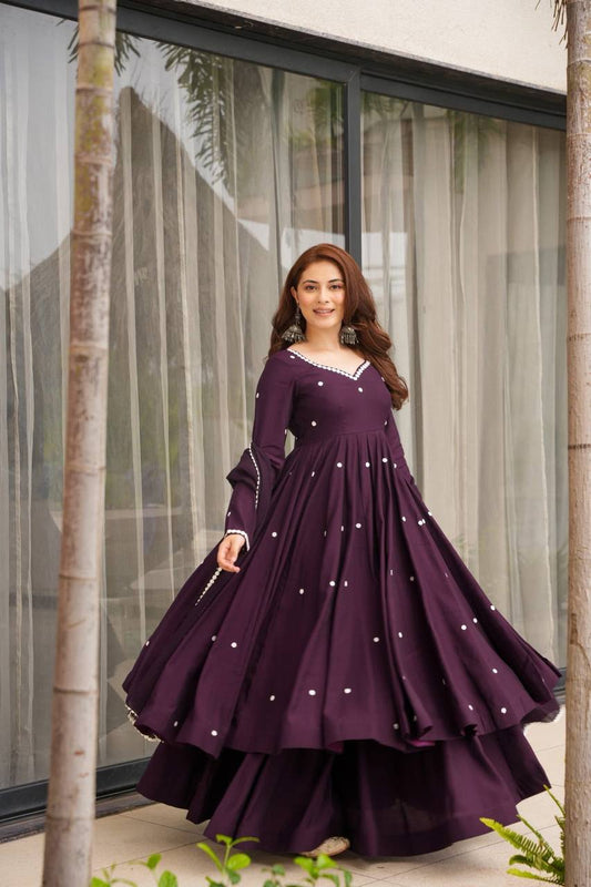 Stylish Purple Embroidery Work Georgette Gown With Sharara