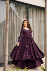 Stylish Purple Embroidery Work Georgette Gown With Sharara