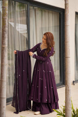 Stylish Purple Embroidery Work Georgette Gown With Sharara