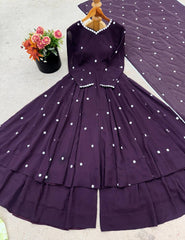 Stylish Purple Embroidery Work Georgette Gown With Sharara