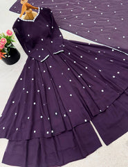 Stylish Purple Embroidery Work Georgette Gown With Sharara