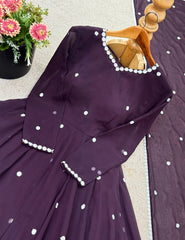 Stylish Purple Embroidery Work Georgette Gown With Sharara