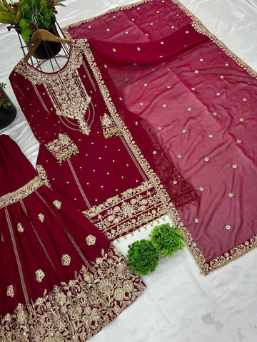 Stylish Red Color Embroidery Work Georgette Palazzo Suit