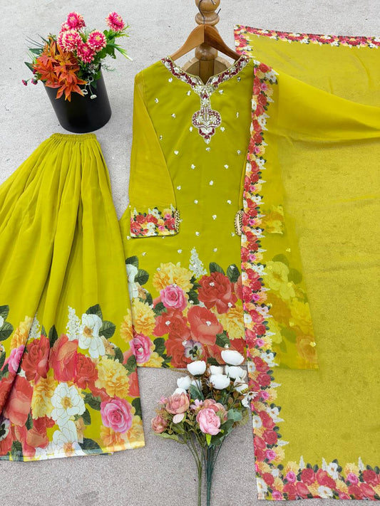 Glorious Parrot Green Sequence Work Georgette Sharara Suit