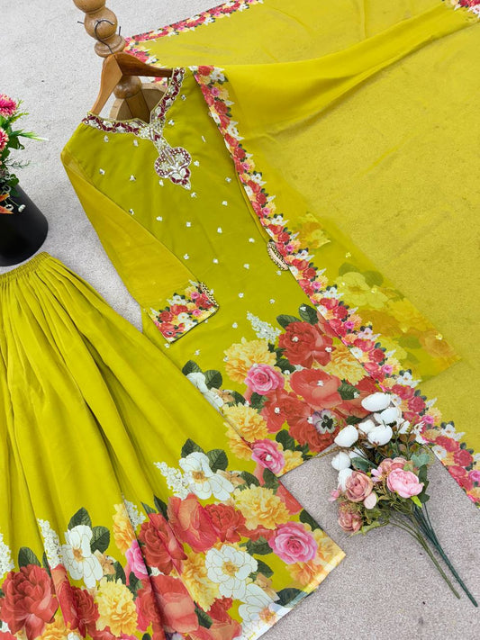 Glorious Parrot Green Sequence Work Georgette Sharara Suit