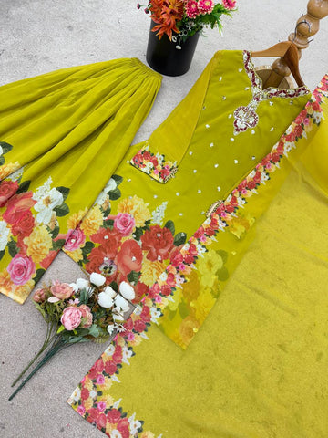 Glorious Parrot Green Sequence Work Georgette Sharara Suit