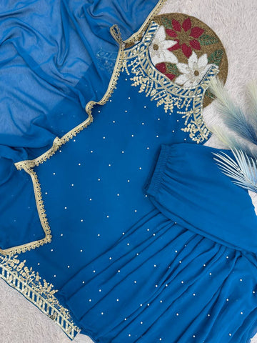 Ravishing Red Color Embroidery Work Georgette Sharara Suit