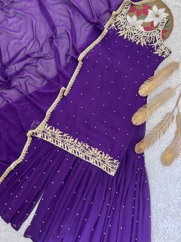 Ravishing Red Color Embroidery Work Georgette Sharara Suit