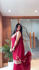 Ravishing Red Color Embroidery Work Georgette Sharara Suit