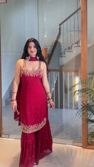 Ravishing Red Color Embroidery Work Georgette Sharara Suit