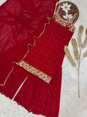 Ravishing Red Color Embroidery Work Georgette Sharara Suit