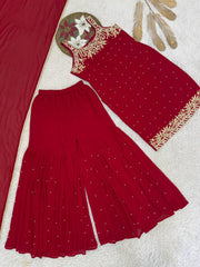 Ravishing Red Color Embroidery Work Georgette Sharara Suit