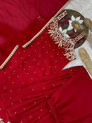 Ravishing Red Color Embroidery Work Georgette Sharara Suit