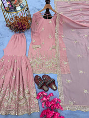 Graceful Pink Sequence Work Georgette Sharara Suit