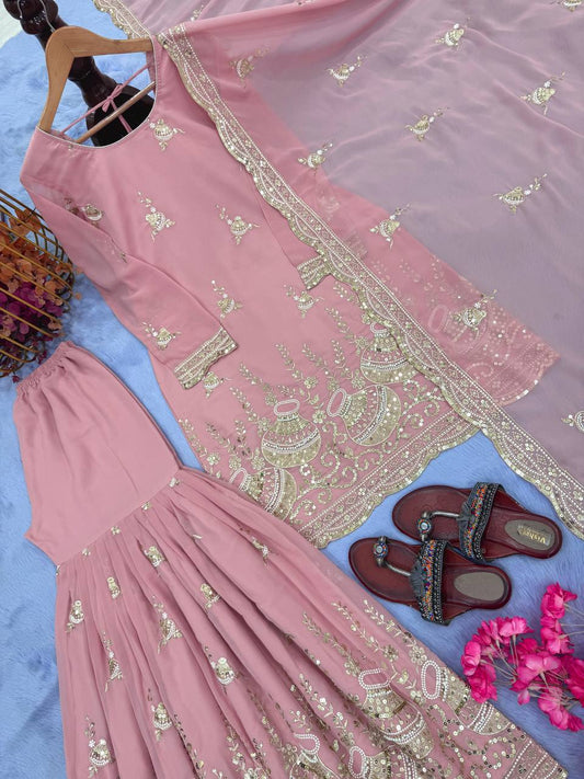 Graceful Pink Georgette Sequence Work Sharara Suit