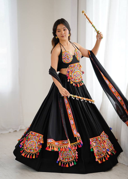 Attractive Black Rayon Gamthi Work Lehenga Choli