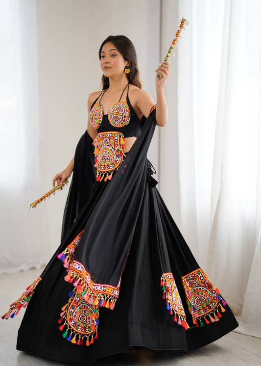 Attractive Black Rayon Gamthi Work Lehenga Choli