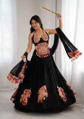 Attractive Black Rayon Gamthi Work Lehenga Choli