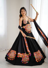 Attractive Black Rayon Gamthi Work Lehenga Choli