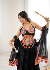 Attractive Black Rayon Gamthi Work Lehenga Choli