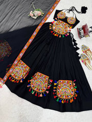 Attractive Black Rayon Gamthi Work Lehenga Choli