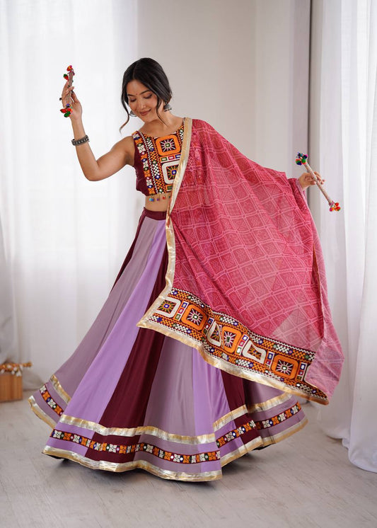 Pink Color Mirror Work Lehenga Choli For Navratri Wear