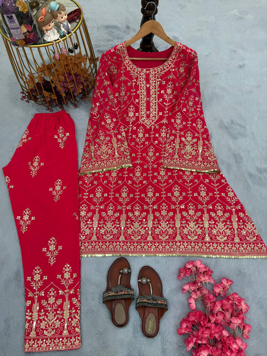 Designer Pink Georgette Sequence Work Palazzo Suit