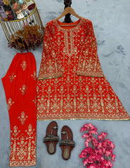 Designer Pink Georgette Sequence Work Palazzo Suit