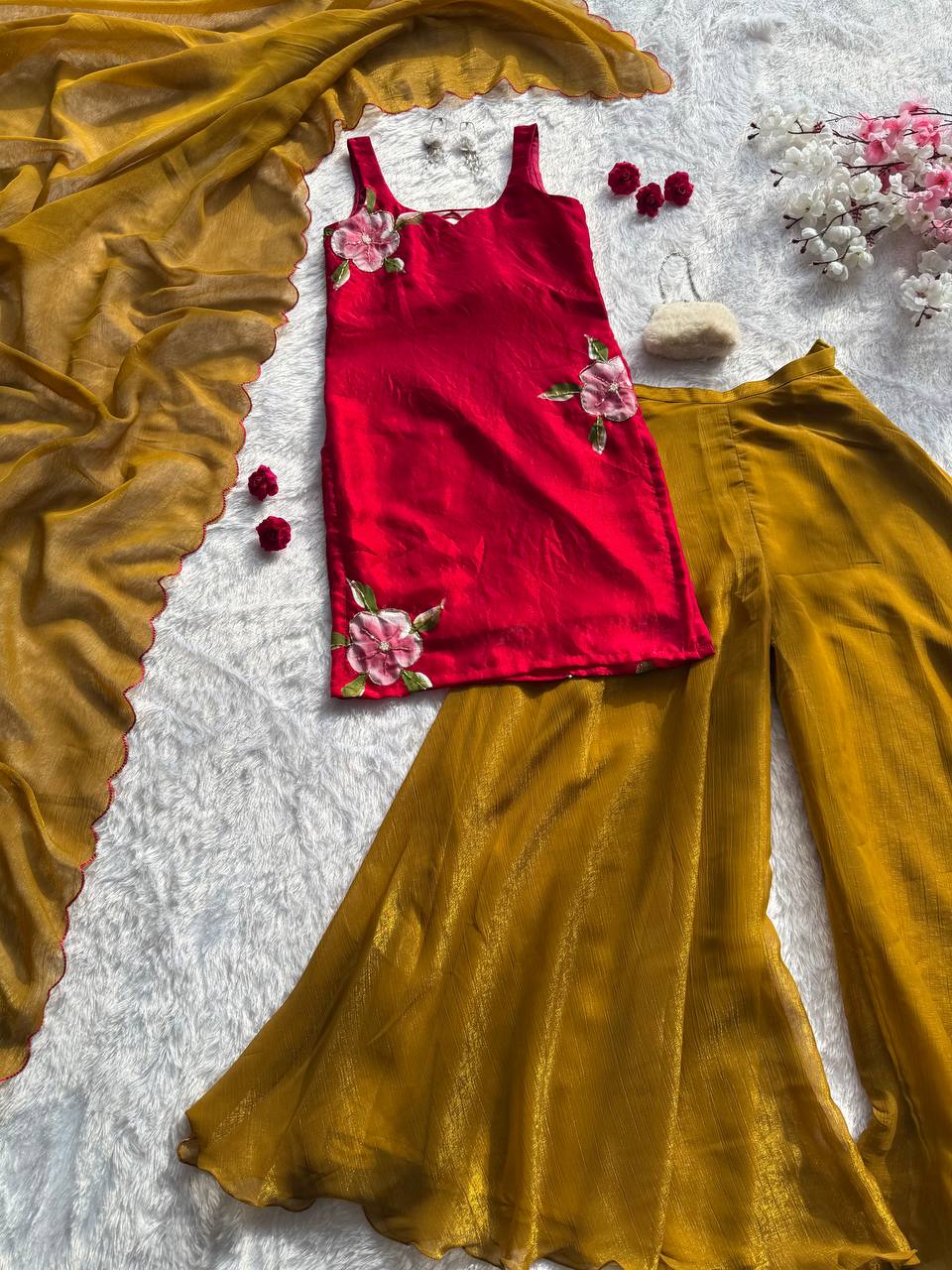 Trendy Red Color Fully Stitched Palazzo Suit