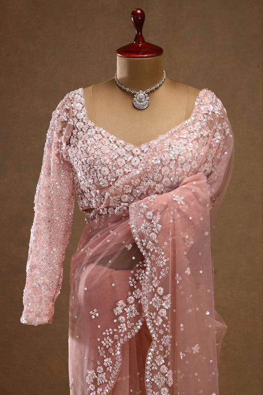Awesome Pink Net with Sequins Work Saree