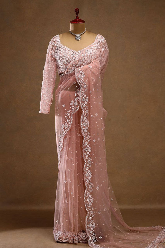 Awesome Pink Net with Sequins Work Saree
