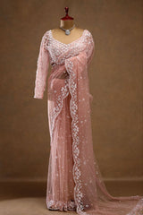 Awesome Pink Color Sequins Work Butterfly Soft Net Saree