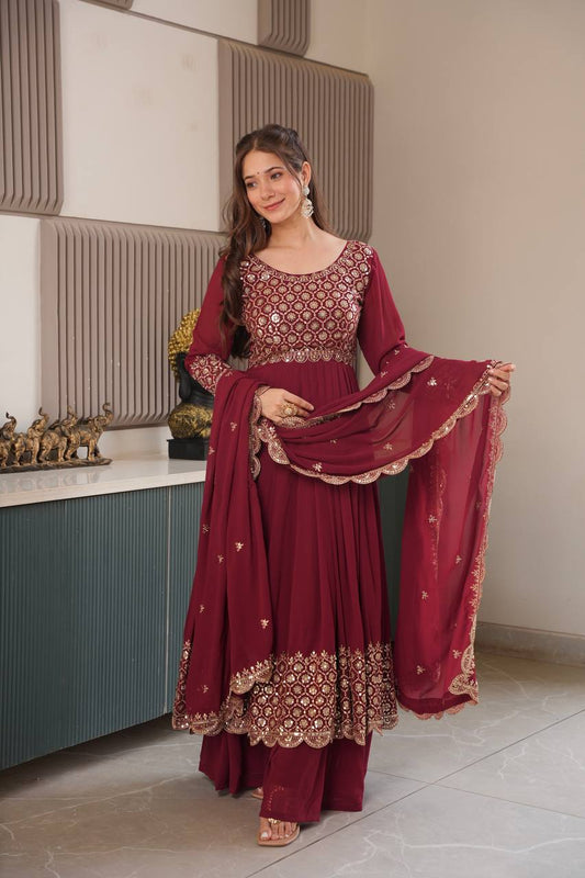 Exclusive Red Georgette Embroidery Sharara Suit