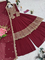Exclusive Red Georgette Embroidery Sharara Suit