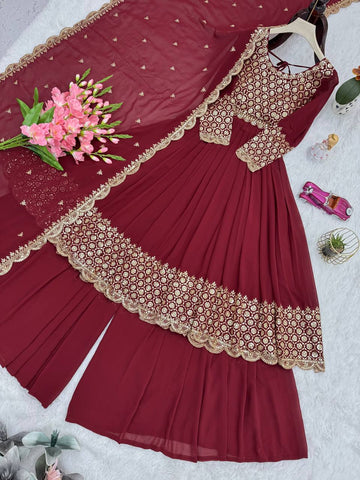 Exclusive Red Georgette Embroidery Sharara Suit