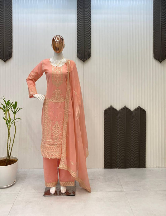 Lovely Peach Georgette Sequence Work Palazzo Suit