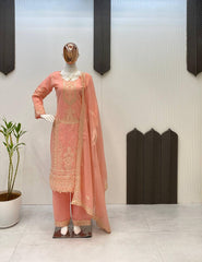 Lovely Peach Sequence Work Georgette Palazzo Suit