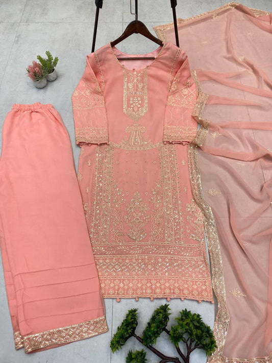 Lovely Peach Georgette Sequence Work Palazzo Suit