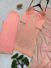 Lovely Peach Sequence Work Georgette Palazzo Suit