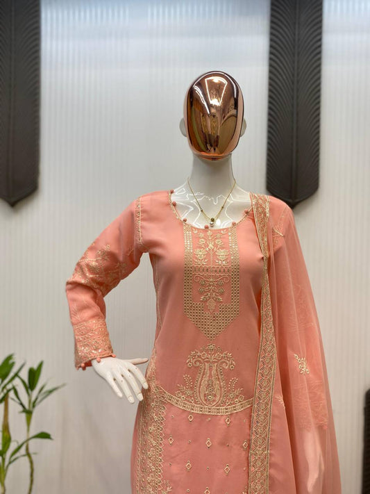 Lovely Peach Sequence Work Georgette Palazzo Suit