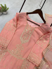 Lovely Peach Sequence Work Georgette Palazzo Suit