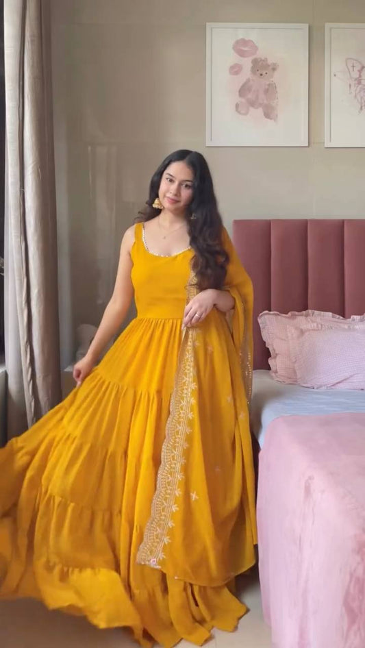 Gorgeous Yellow Georgette Lace Work Anarkali