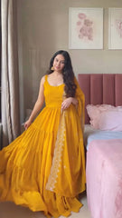 Gorgeous Yellow Lace Work Georgette Anarkali Gown