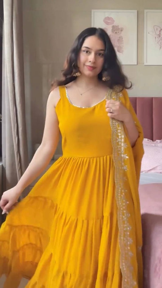 Gorgeous Yellow Georgette Lace Work Anarkali