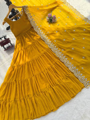 Gorgeous Yellow Lace Work Georgette Anarkali Gown