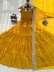 Gorgeous Yellow Lace Work Georgette Anarkali Gown